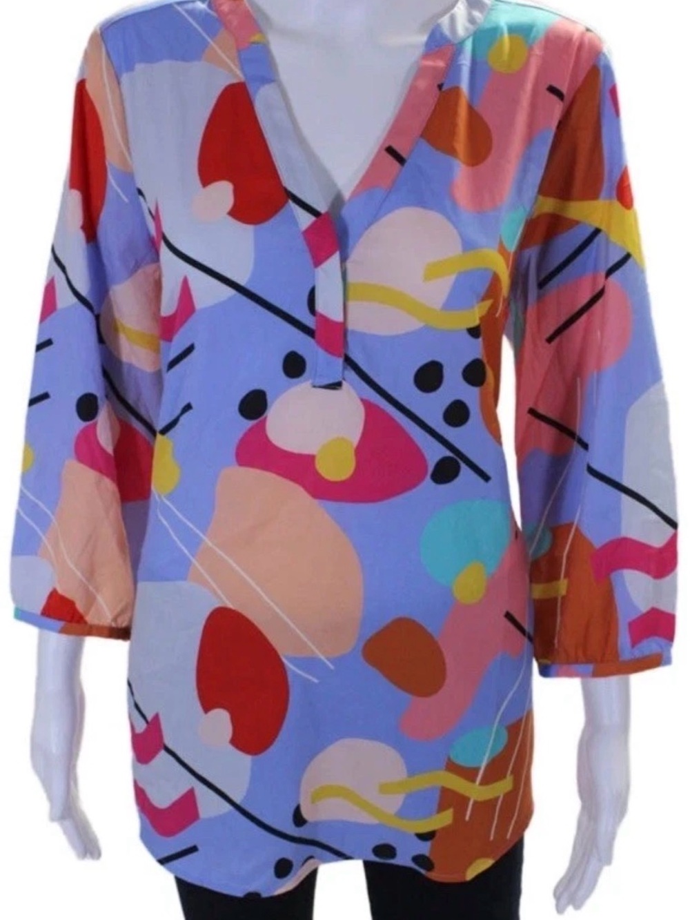 Crosby Pink and Blue Graphic Blouse with 3/4 Sleeves
